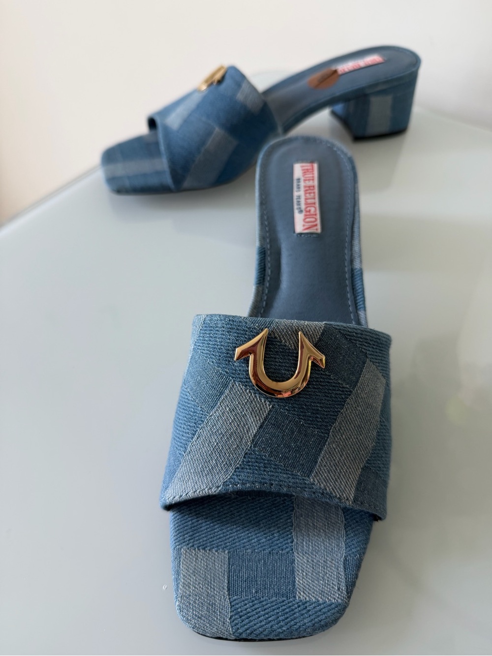 True Religion denim Patchwork open toe slip on block Heels - Picture 2 of 5